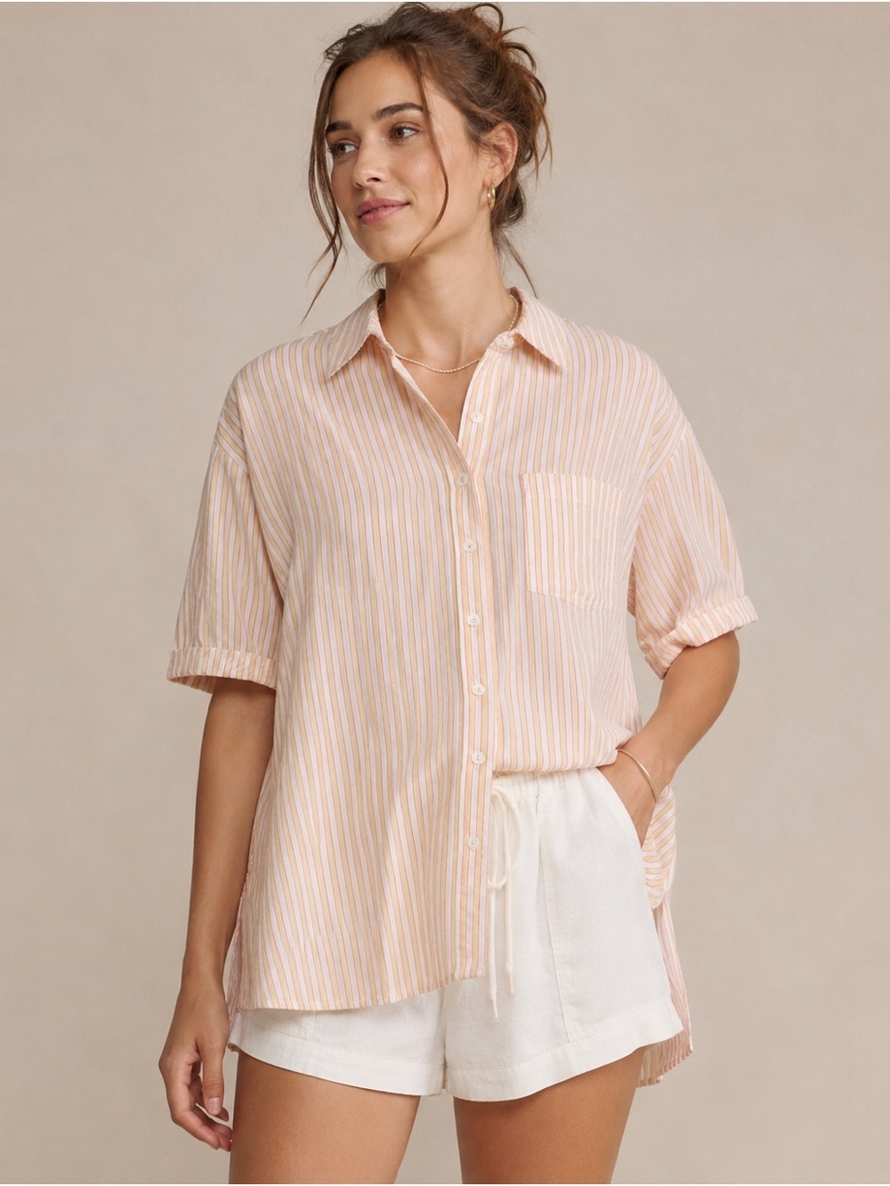 Anthropologie Cotton Striped Button Up Shirt Womens Medium Short Sleeve